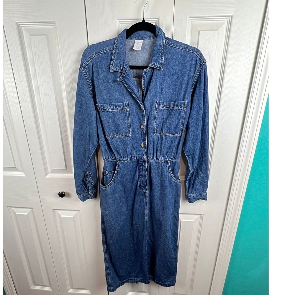 Lands End Denim Midi Dress Vintage Grunge Cottagecore Boho Blue Cotton Size 10 - Picture 2 of 8